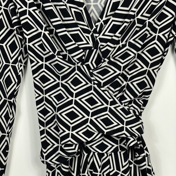 CACHE Black White Long Sleeve Front Wrap Stretch‎ Dress Womens Sz Medium - Picture 2 of 5